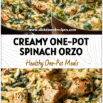 Creamy Boursin Orzo Chicken with spinach served in a skillet for an easy one-pot Spinach Orzo Dinner